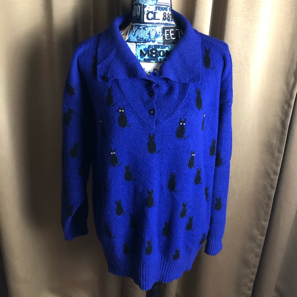 Lady Lilly Vintage Knit Collared Sweater with Black Cat Print and Gem Eyes